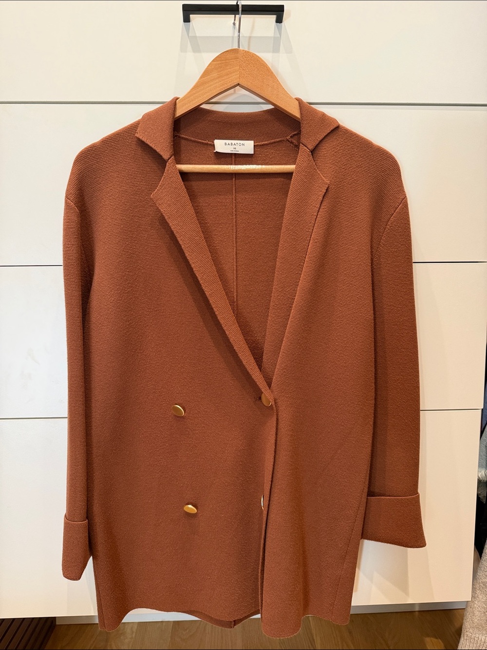 Babaton Rust Brown Double-Breasted Knit Blazer Cardigan